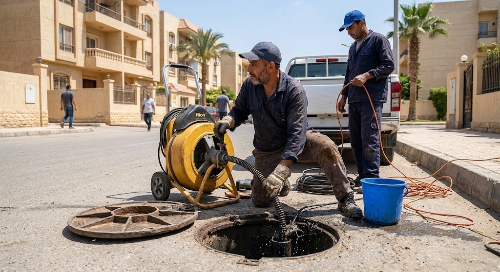 فني محترف يقوم بتسليك وتنظيف شبكة الصرف الصحي باستخدام جهاز الضغط العالي أمام فيلا سكنية في حي الشهداء بالرياض لضمان جريان المياه بكفاءة